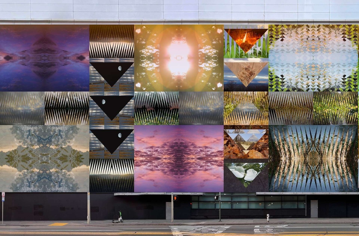 Jeffrey Gibson, a portion of the rendering of *THIS BURNING WORLD*, 2026, vinyl facade on the Mission Street side of the former Bloomingdale's building at the San Francisco Centre. Courtesy of Jeffrey Gibson Studio.
